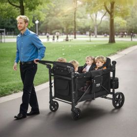 Wagon Stroller For 4 Kids Push Pull Quad Collapsible Stroller 330LBS Loading (Option: BLACK)