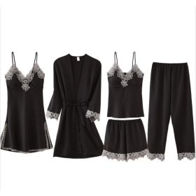 French Pajamas Spring And Summer Thin Ice Silk Nightdress Five-piece Suit (Option: Black-XXL)
