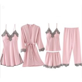 French Pajamas Spring And Summer Thin Ice Silk Nightdress Five-piece Suit (Option: Pink-XXL)