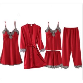 French Pajamas Spring And Summer Thin Ice Silk Nightdress Five-piece Suit (Option: Red-L)